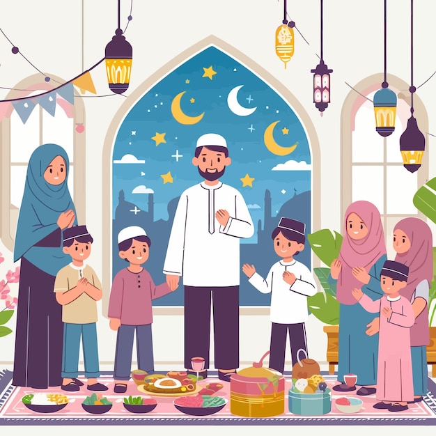 a flat design illustration of sharia muslim family gathering in ramadan