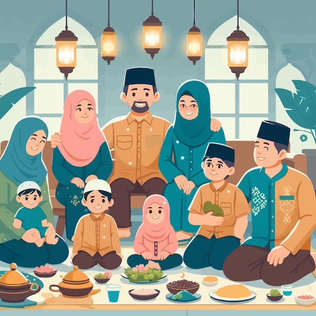 a flat design illustration of sharia muslim family gathering in ramadan