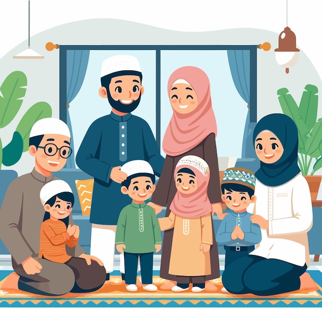 a flat design illustration of sharia muslim family gathering in ramadan