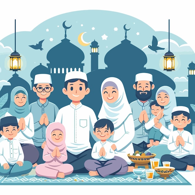 a flat design illustration of sharia muslim family gathering in ramadan