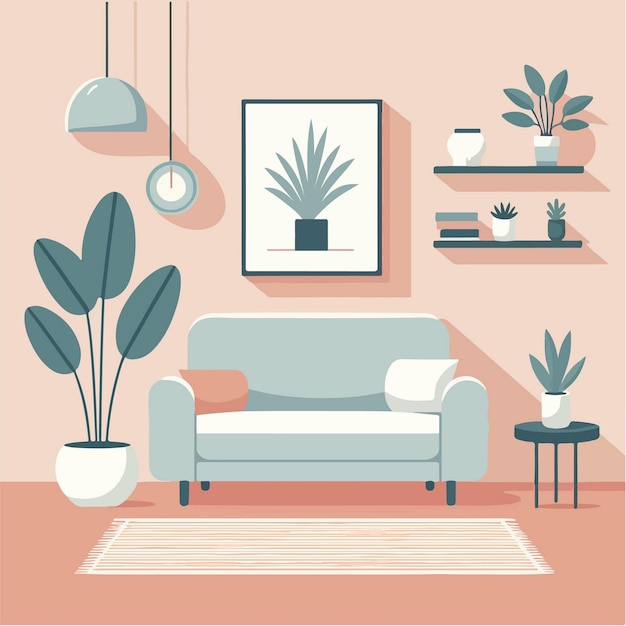 flat design illustration of simple living room decor with sofa houseplants wall hangings and lamps