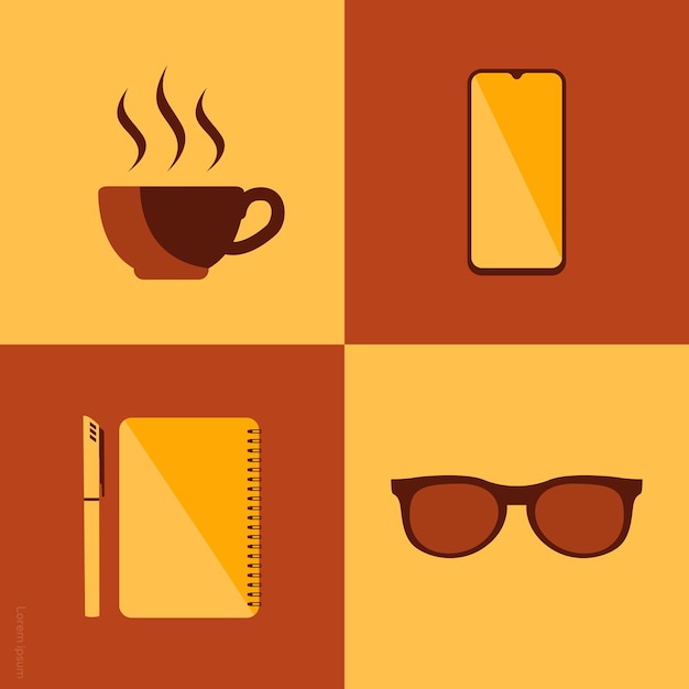 Flat design illustration simple object coffee phone book glasses