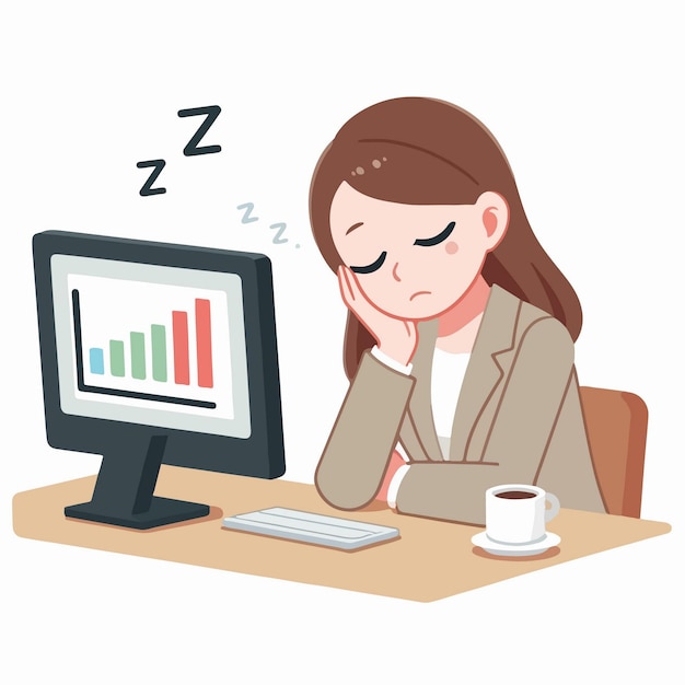 flat design illustration of sleepy working Business woman falling asleep in front of computer screen