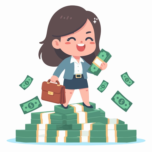 flat design illustration of a successful career woman with piles of money