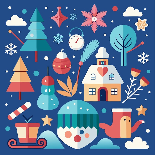 Flat design illustration of winter holiday elements on a blue background