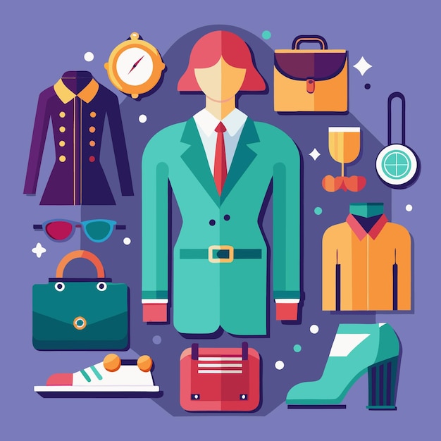 Vector flat design illustration with woman in green suit and other fashion accessories