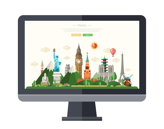 Flat design illustration with world famous landmarks on a display