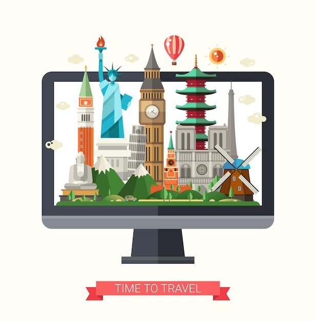 Flat design illustration with world famous landmarks on a display