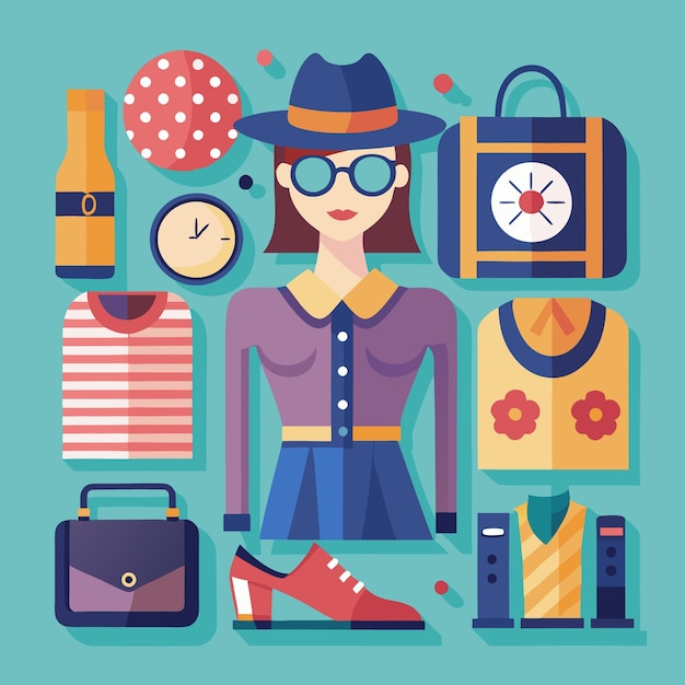 Vector a flat design illustration of a woman39s outfit with various accessories including a hat sunglasses shoes handbag and clothes