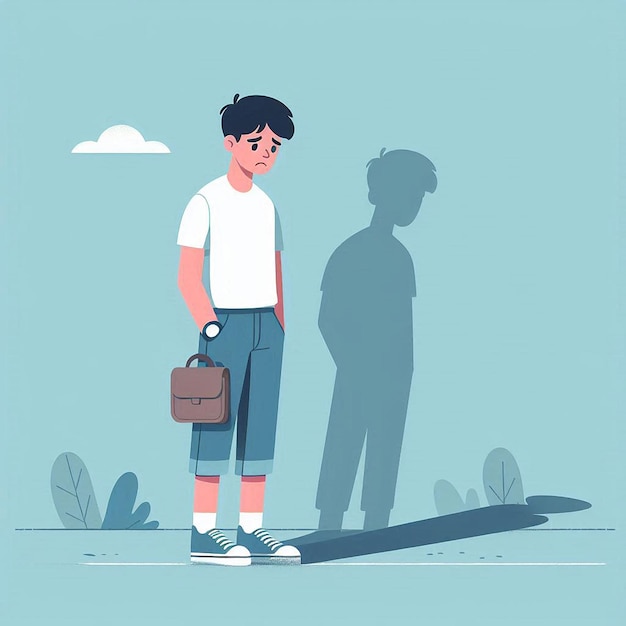 Flat design illustration of a young man standing full body with a gloomy sad anxious facial expressi