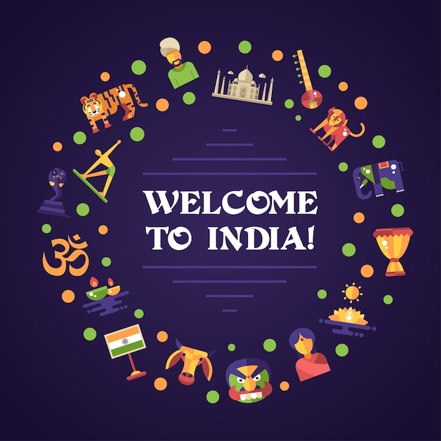 flat design India travel banner with icons