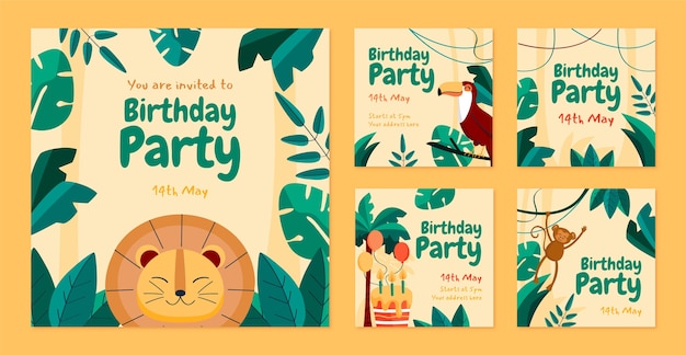 Flat design jungle birthday party instagram posts