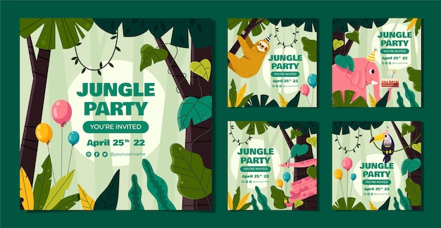 Flat design jungle birthday party instagram posts