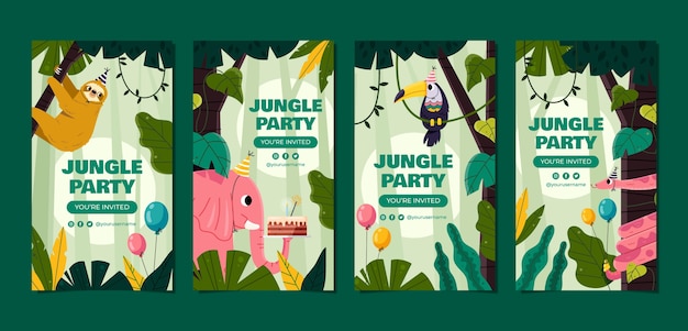 Flat design jungle birthday party instagram stories