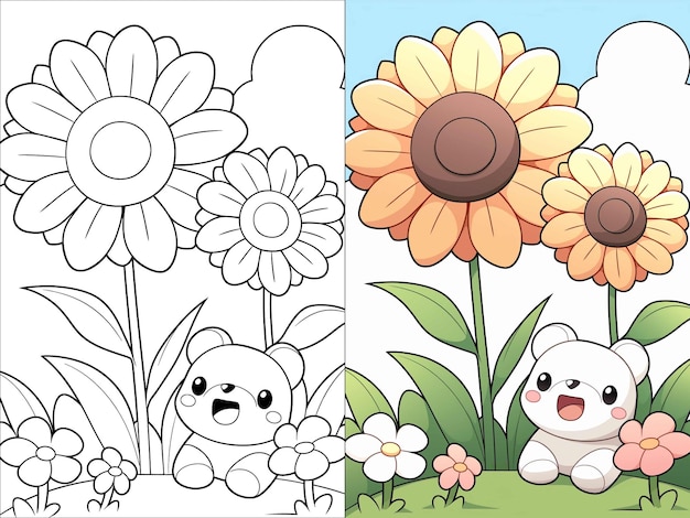 Vector flat design kawaii coloring book illustration