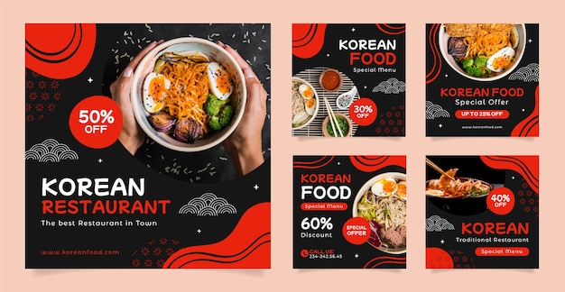 Flat design korean restaurant instagram posts