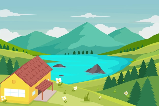 Flat design lake scenery