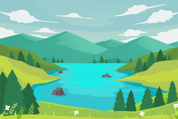 Flat design lake scenery