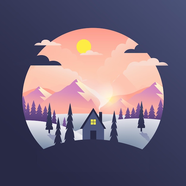 Flat design landscape with mountains and house