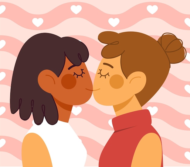 Flat design lesbian couple kissing