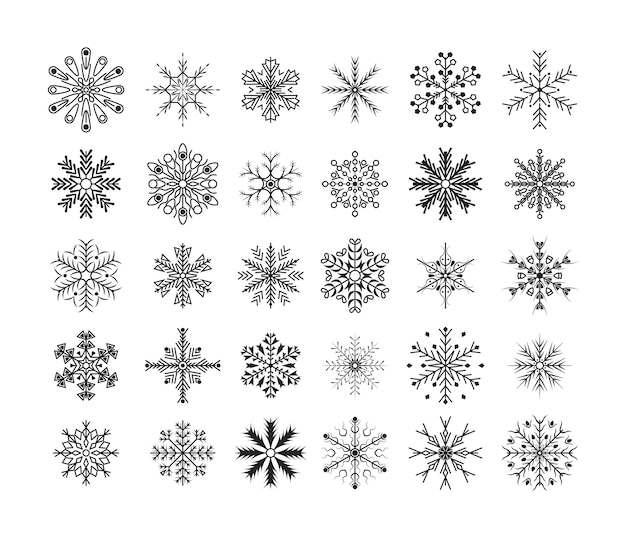 Flat design line black snowflakes Christmas and New Year decoration element set. Nice element for Christmas banner, postcards. Winter snow flakes crystal element.