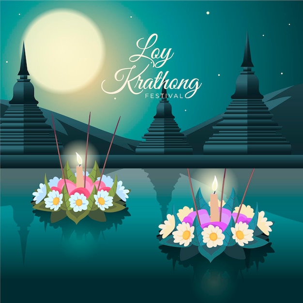 Vector flat design loy krathong decorated baskets