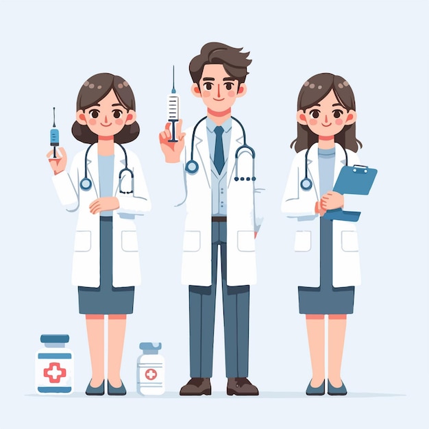 flat design of a male doctor and a female The doctor is holding a syringe