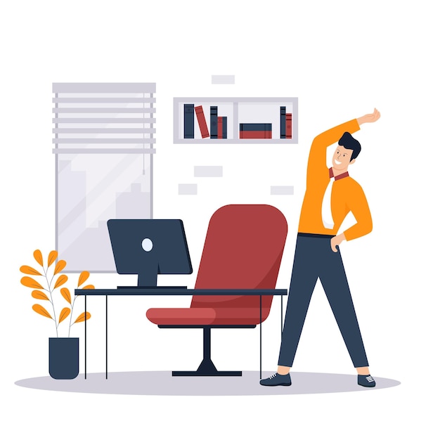 Flat design of man doing exercise stretch office workout