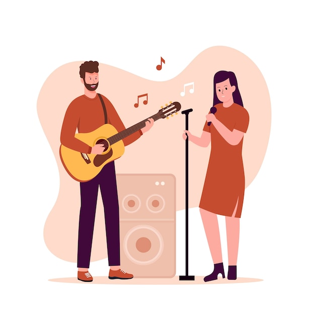 Flat design of man playing guitar and woman singing with microphone