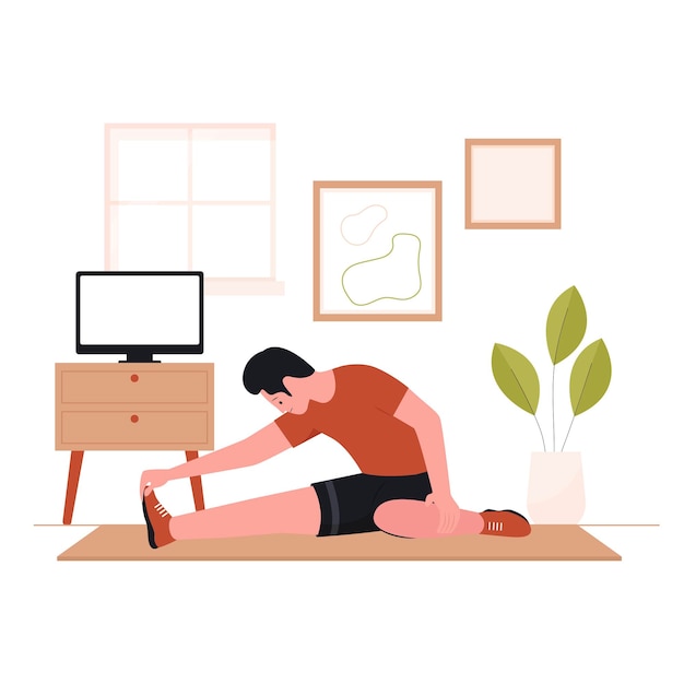 Flat design of man practicing yoga in living room