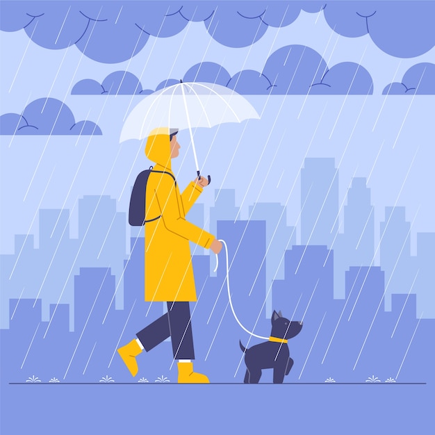 Flat design man walking dog illustration