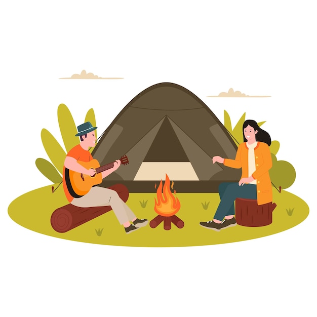 Flat design of man and woman camp outdoor