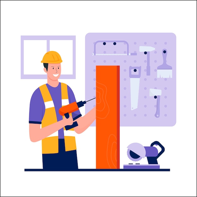 Flat design of man work in carpentry shop