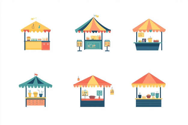 Vector flat design market stalls and food stands