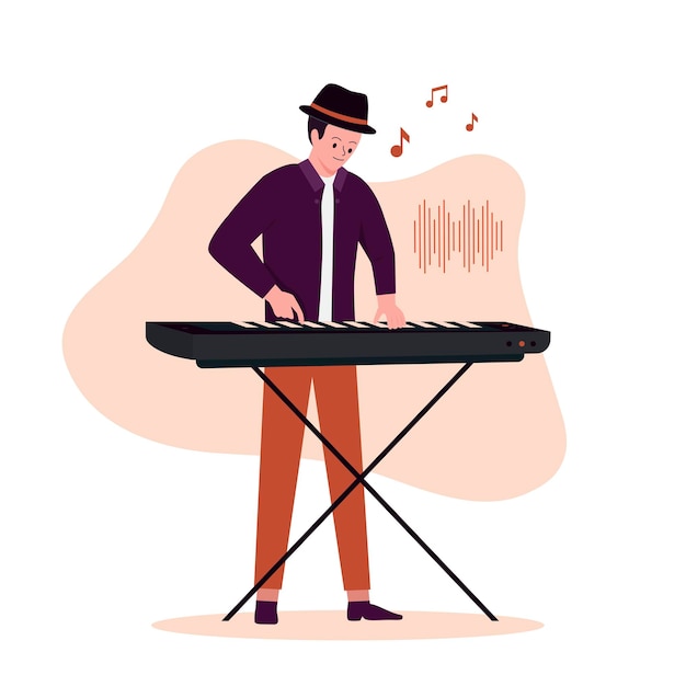 Flat design of men keyboardist playing music