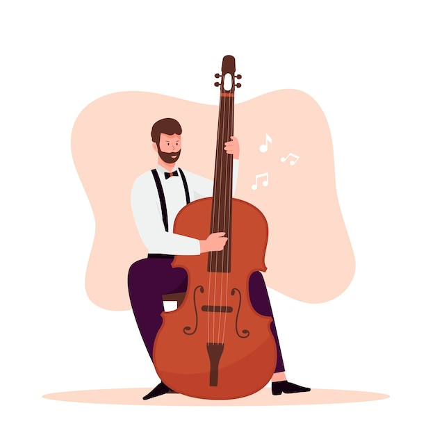 Flat design of men playing double bass instrument music