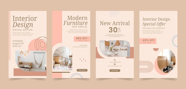 Flat design minimal interior design instagram stories set