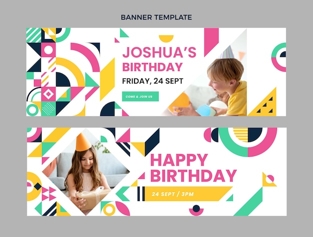 Vector flat design mosaic birthday horizontal banners