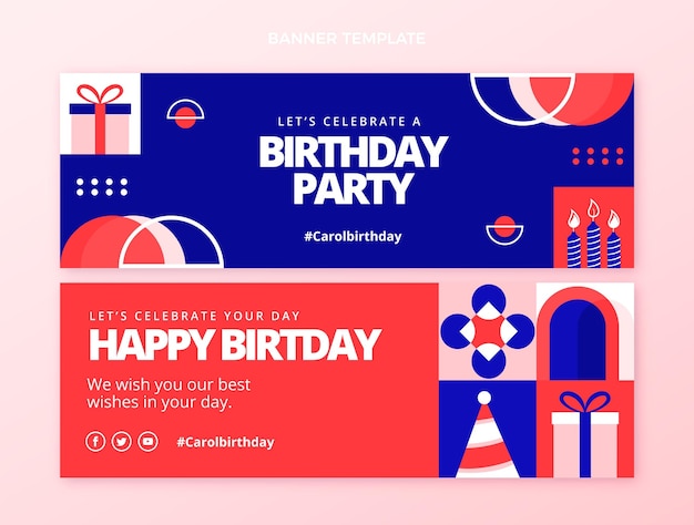 Flat design mosaic birthday horizontal banners