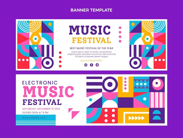 Flat design mosaic music festival horizontal banners