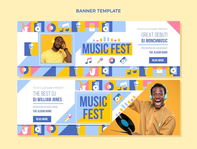 Flat design mosaic music festival horizontal banners