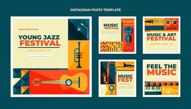 Flat design mosaic music festival instagram posts