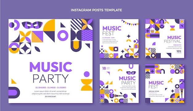 Flat design mosaic music festival instagram posts