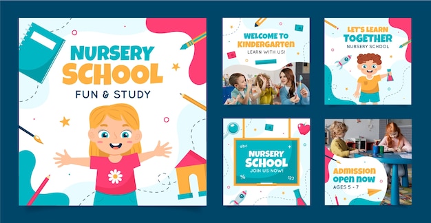 Flat design nursery school instagram posts