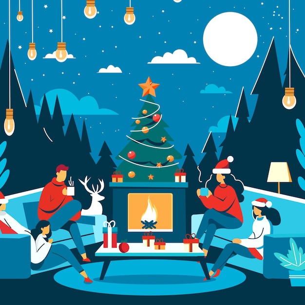 flat design of people gathering on christmas eve under the stars