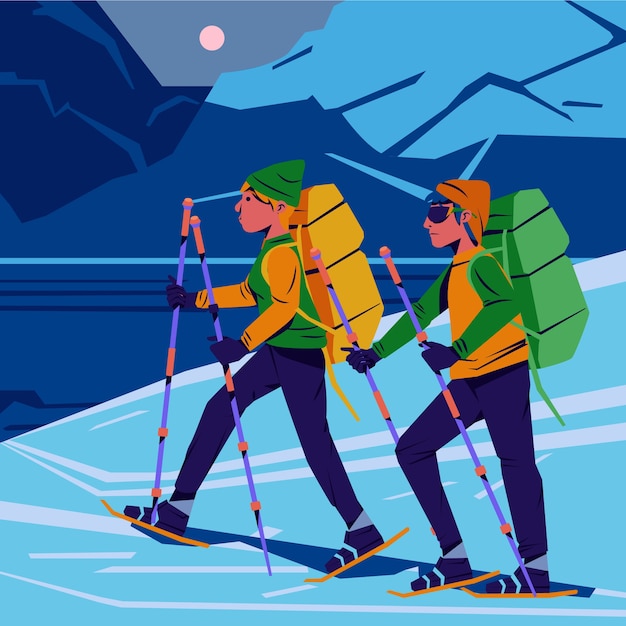 Flat design people snowshoeing illustration