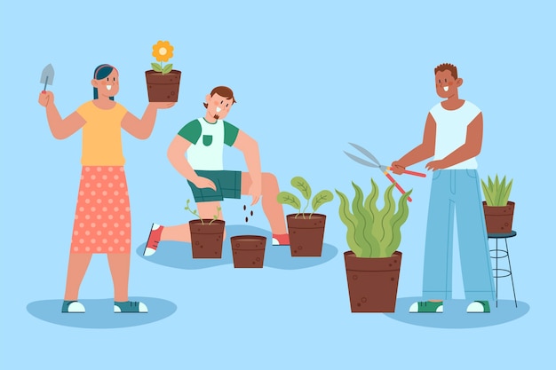 Flat design people taking care of plants