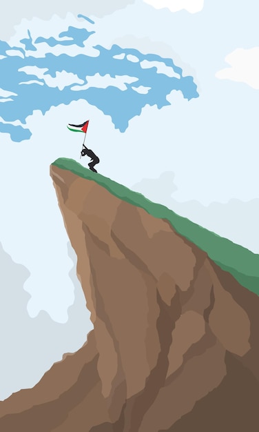 Vector flat design of a person raising palestine flag on a cliff