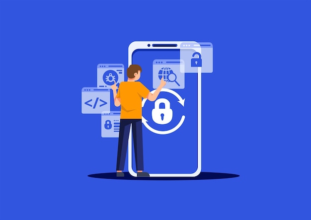 Flat Design Person With Mobile Phone Data Security