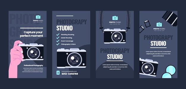 Flat design photography studio instagram stories pack